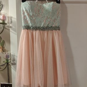 Pink and teal mini strapless formal dress